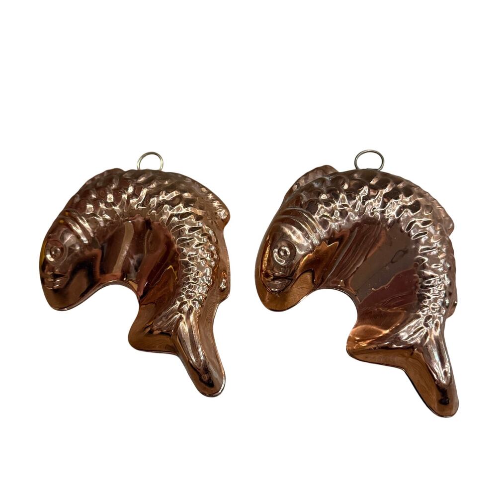Vintage Pair (2) Fish Cake Jello Molds Copper Plated Tin Wall Decor with hook